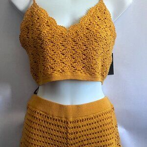 Forever21 Sweater Crop Mustard Crochet Sexy Set Medium